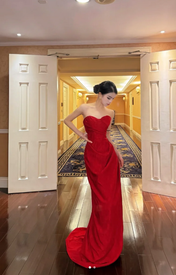 Niulatu Sweetheart Neck Sheath Long Prom Dresses Satin New Year's Eve Dress Red Formal Dresses HZ1026